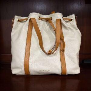 Ana Paola Women Leather Drawstring Bucket Bag Cream Tan Chic